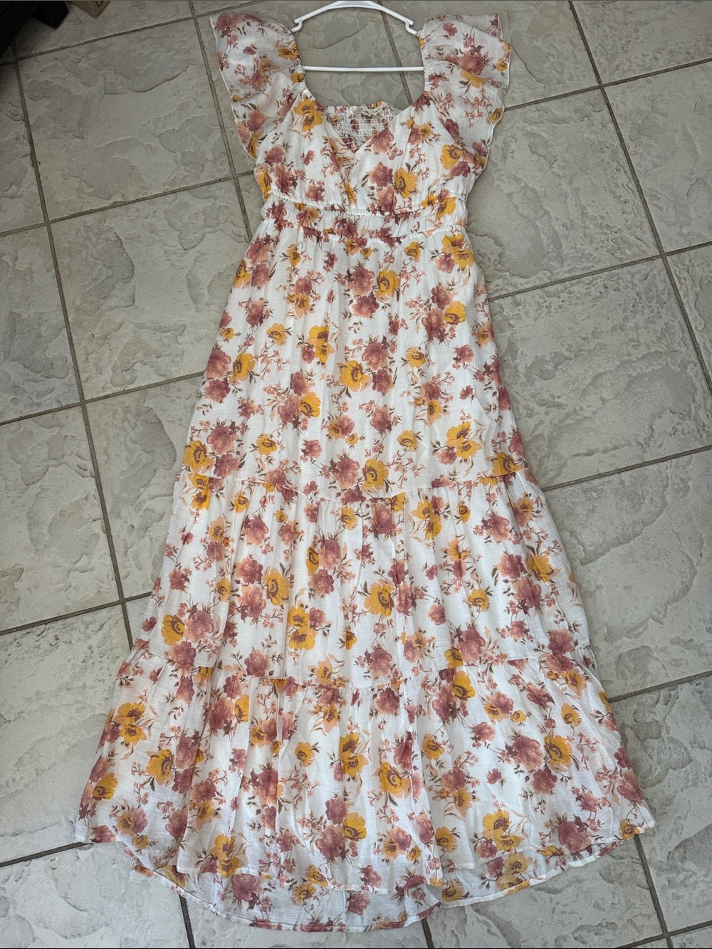 White Floral Maxi Dress with Yellow & Pink Blooms